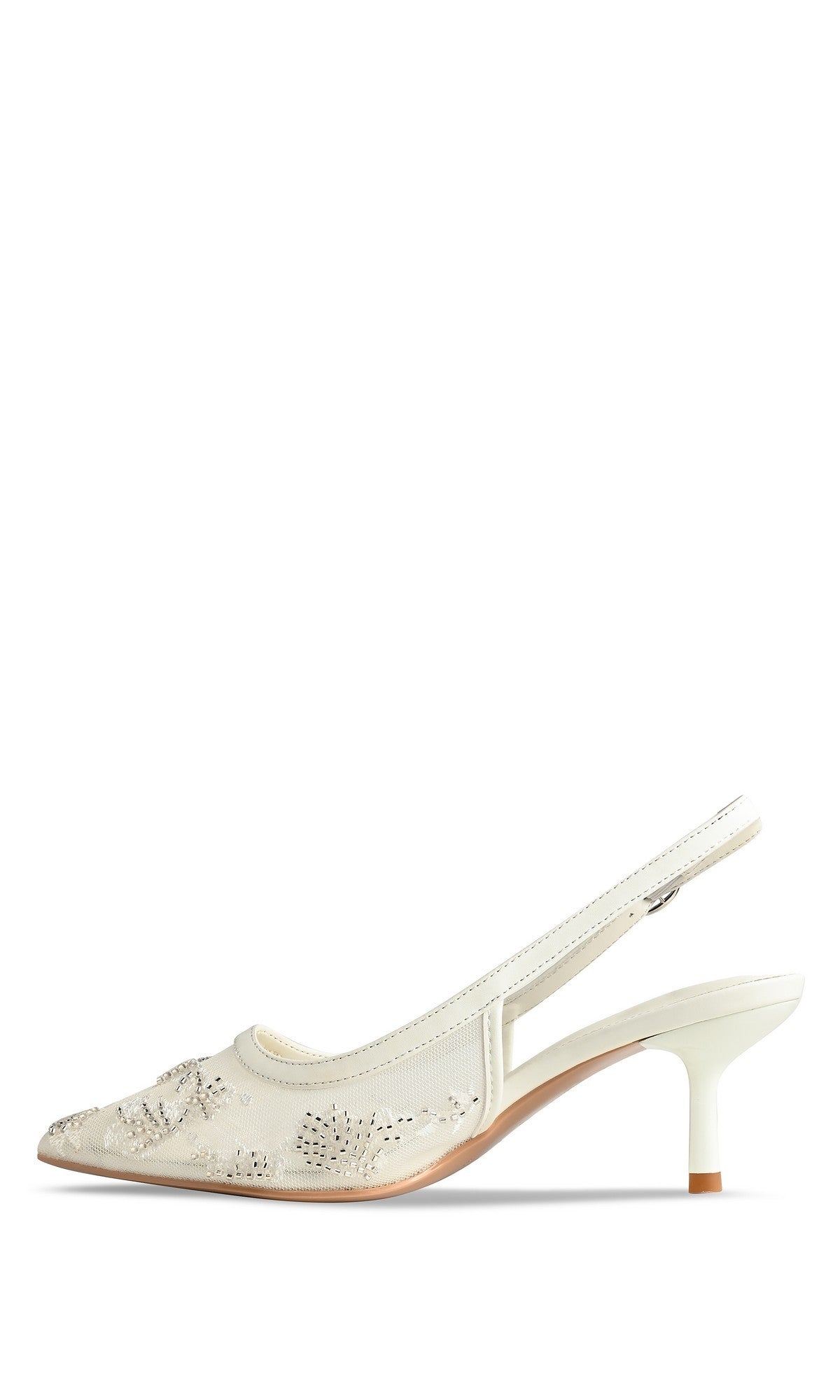 The Tori White Prom Shoes (Touch Ups 4754) feature a pointed toe, white slingback kitten heel, sheer embroidered mesh upper, and delicate floral accents.